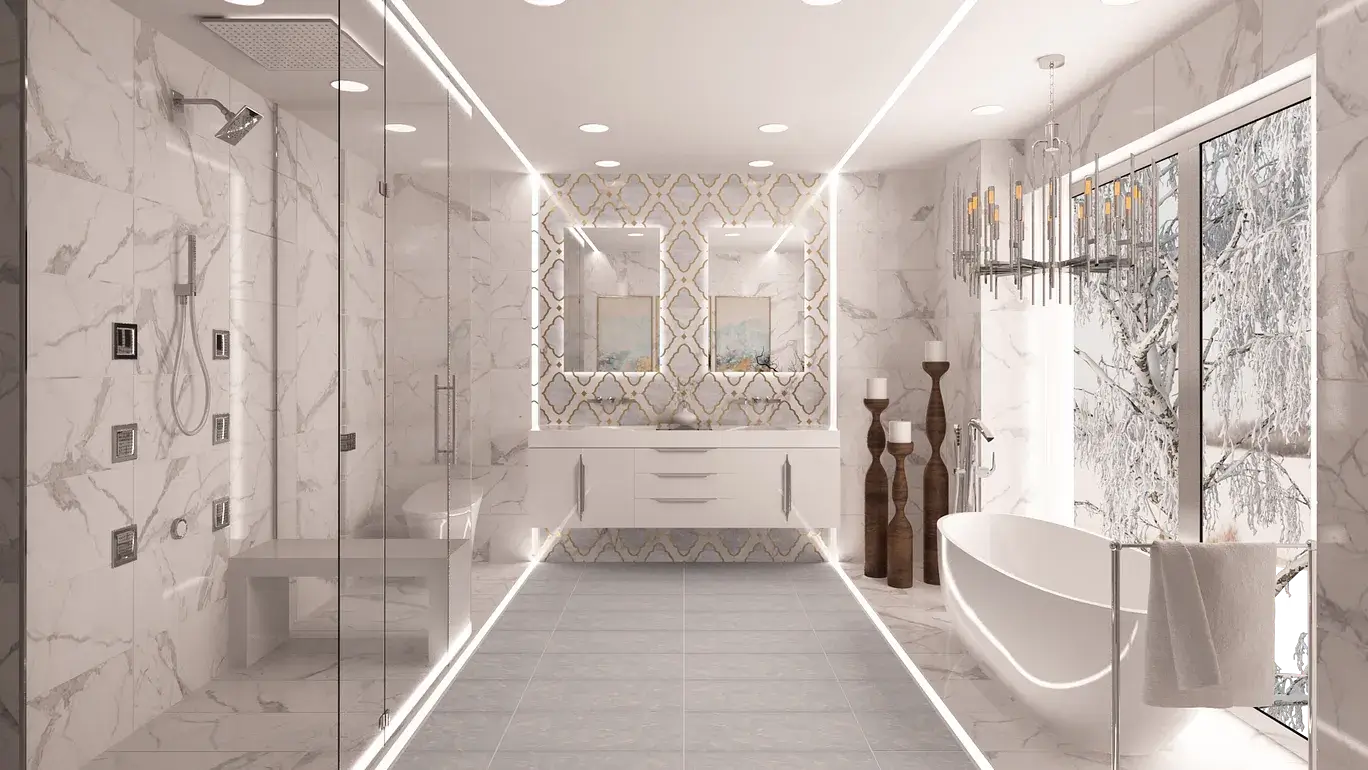 A spa-like master bathroom with a marble vanity, modern fixtures, and a calming color palette.