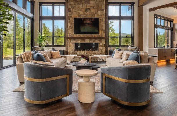 Modern cozy living room with natural light, plush sofas, and elegant decor in a serene setting.