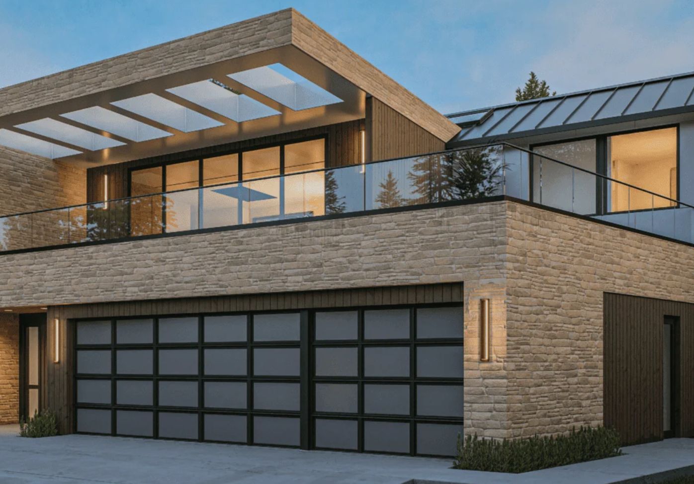 Modern house design combining stone and wood, featuring sleek lines and contemporary architecture.