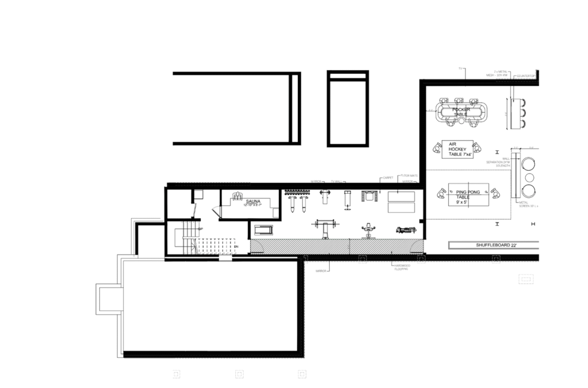 Leisure floor plan featuring games, exercise areas, and a sauna for relaxation and socializing.