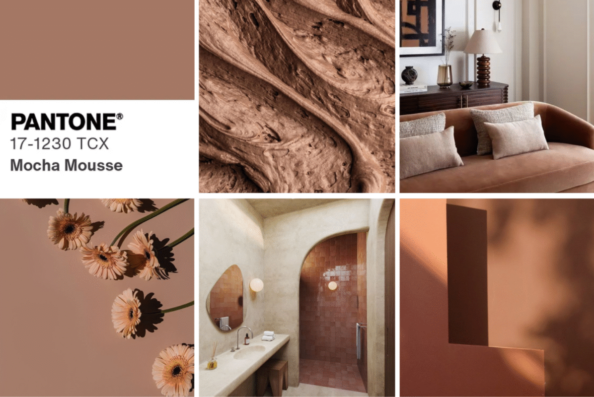Vibrant Mocha Mousse color palette collage showcasing design, florals, and modern interiors.