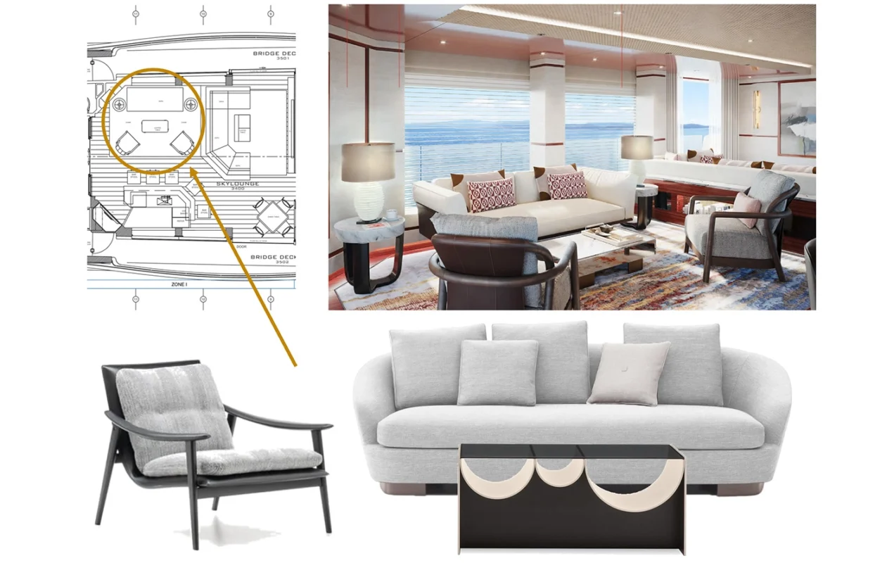 Luxurious custom-designed sofas and accent chairs arranged in an elegant yacht’s living space, offering comfort and stunning ocean views