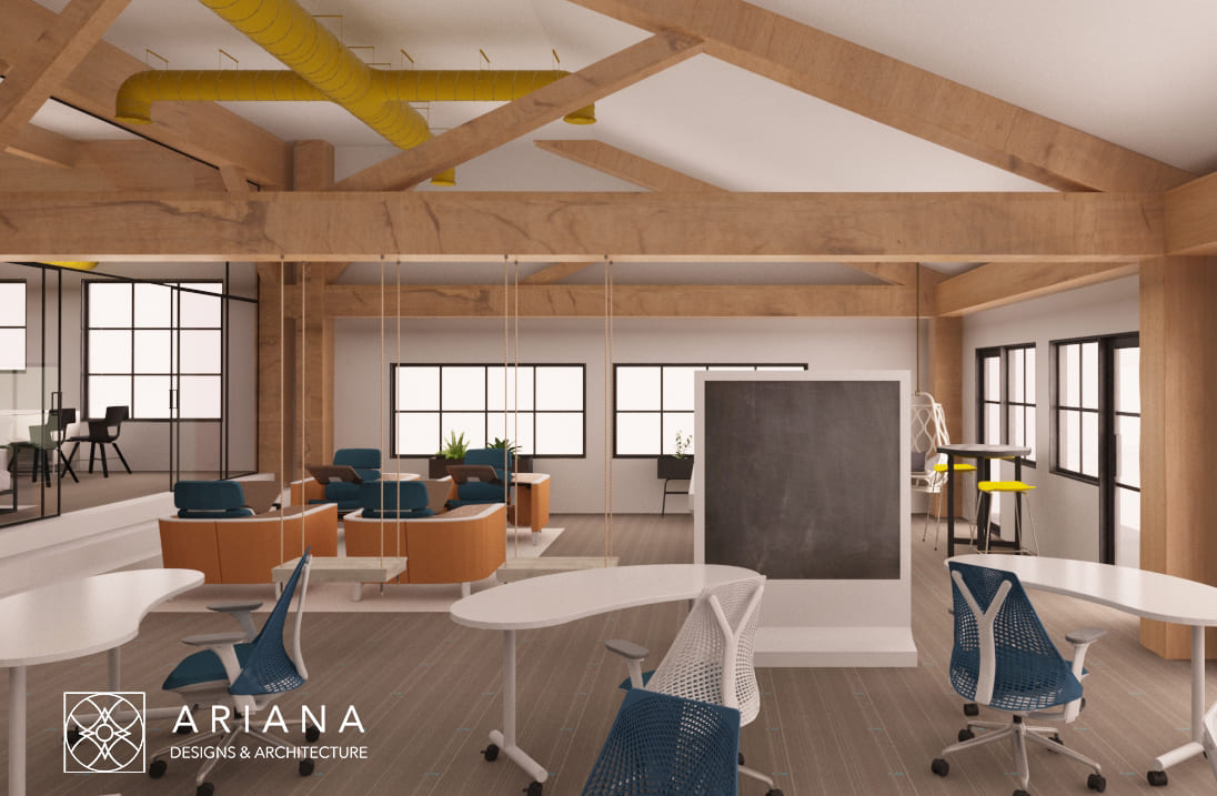 Modern white office desks with large meeting screen