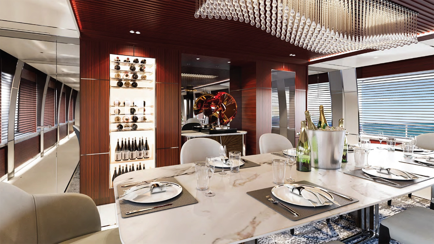 Sculptural dining table serving as a focal point in a yacht’s dining room