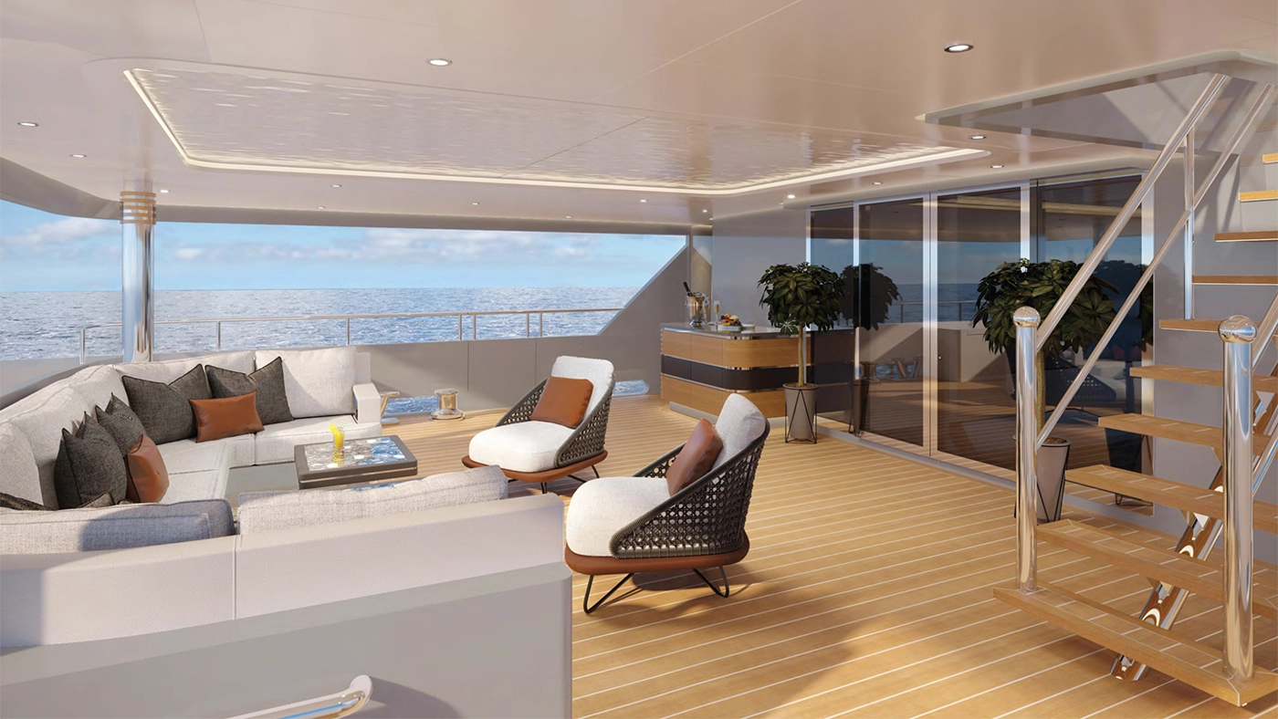 Custom-designed office space on a yacht with a sleek desk and elegant chairs