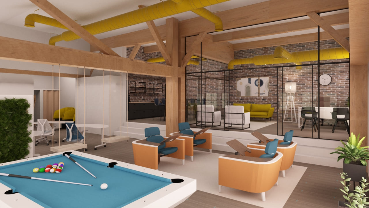 Pool table in office leisure area for team breaks
