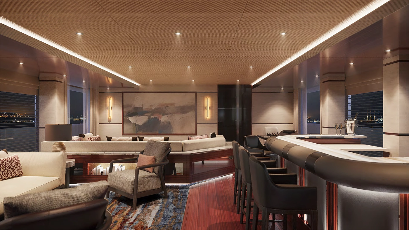 Modern, stylish accent chairs arranged in a yacht’s lounge area