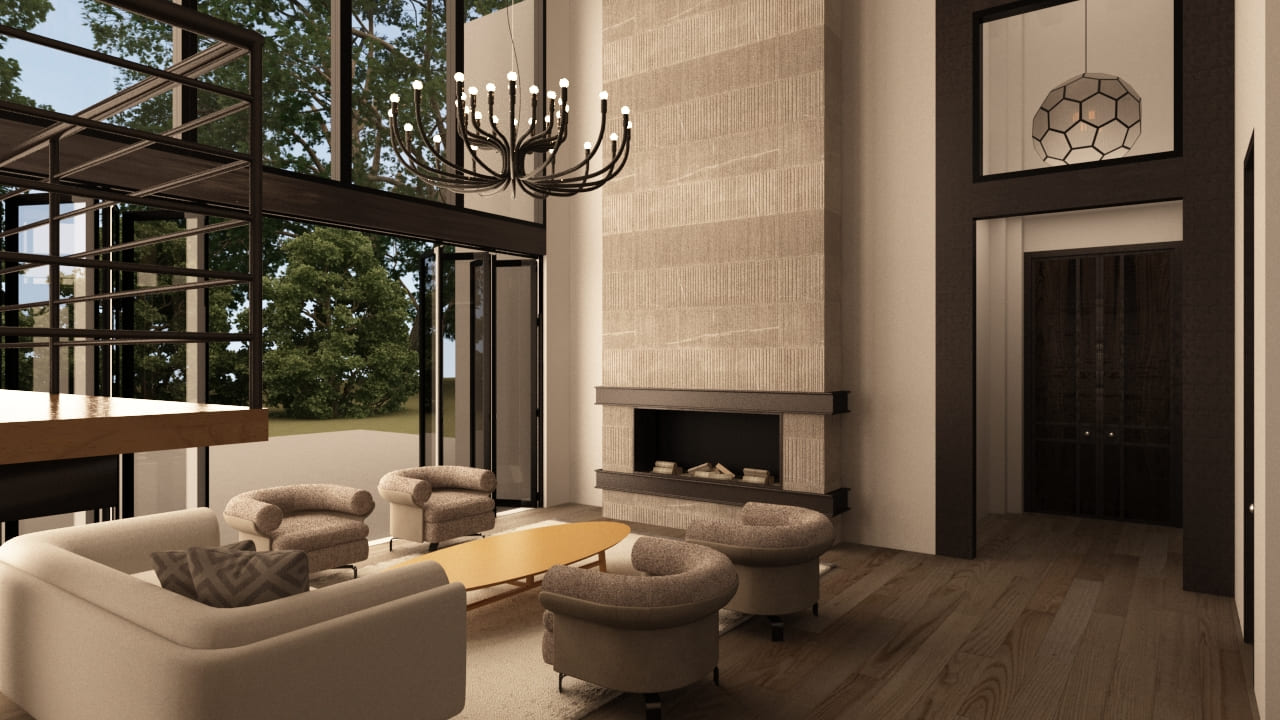 Close-up of a modern ceiling with wooden beams, a chandelier, and large windows providing natural light.