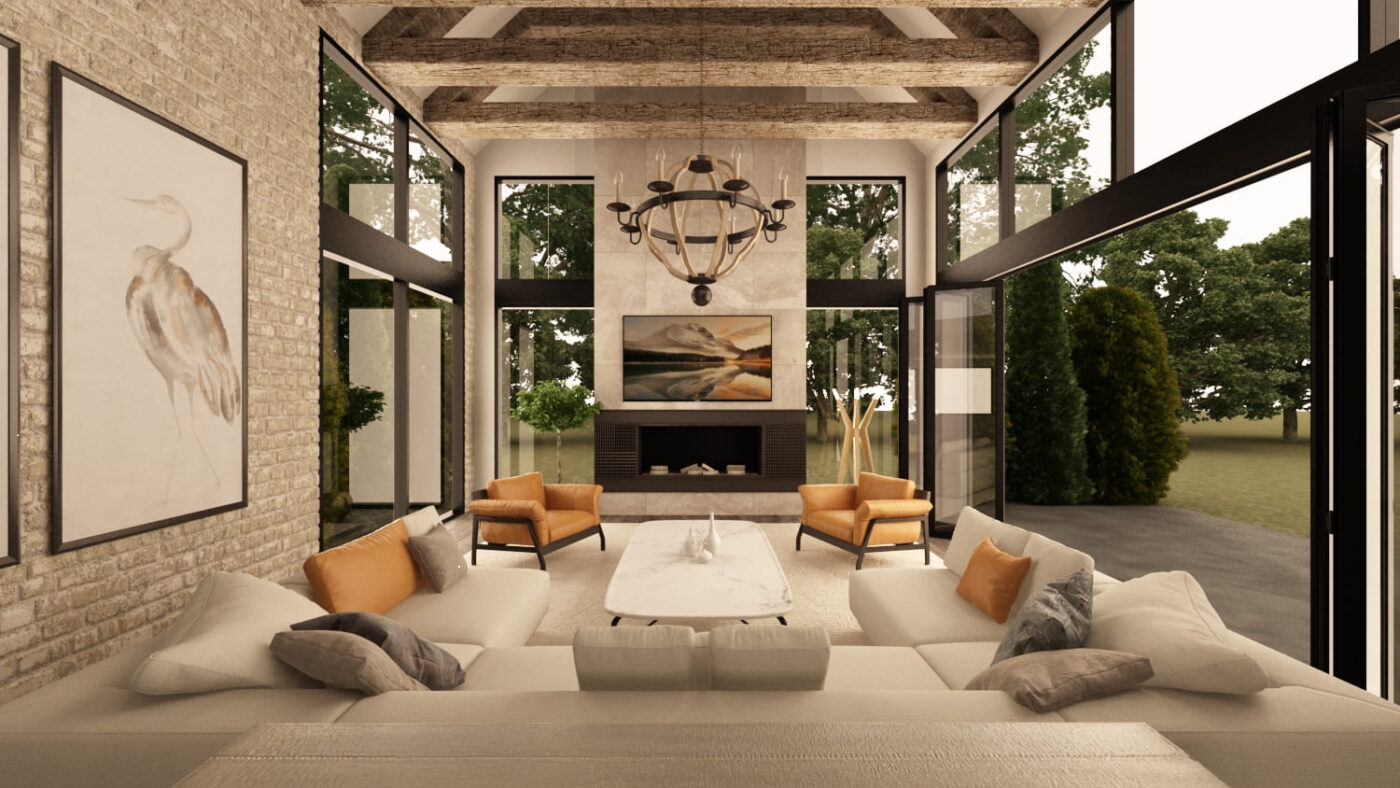 A living room with a large white sofa, orange cushions, floor-to-ceiling windows, and a view of the outdoor space with a fireplace on the wall.