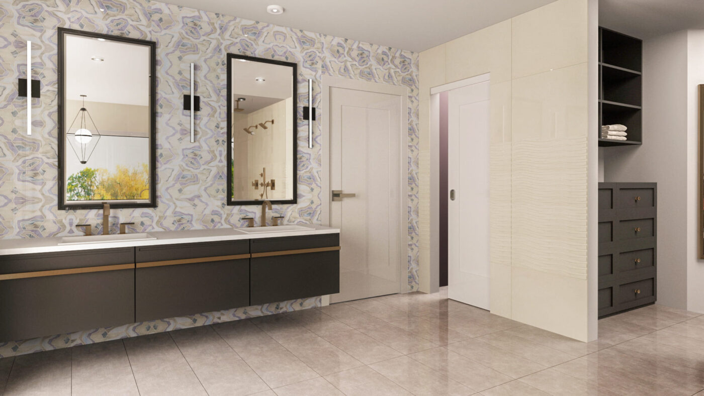 Luxury bathroom featuring a freestanding bathtub by panoramic windows and textured tile walls for a spa atmosphere.