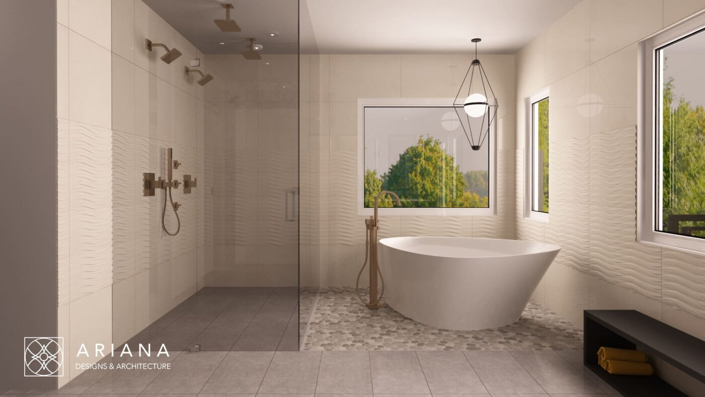 Contemporary walk-in shower with multiple showerheads, glass enclosure, and seamless textured wall tiles.