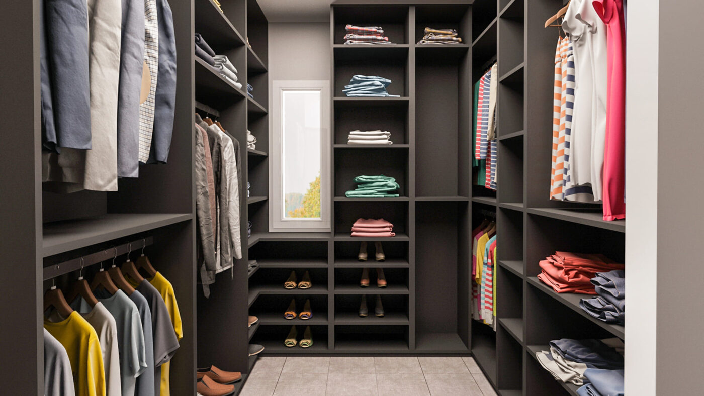 Closet interior with organized shelves, folded clothes, and stylish storage solutions in a high-end design.