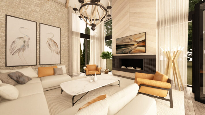Sophisticated living room with a modern fireplace as the focal point, complemented by stylish furniture, elegant lighting, and a cozy atmosphere.