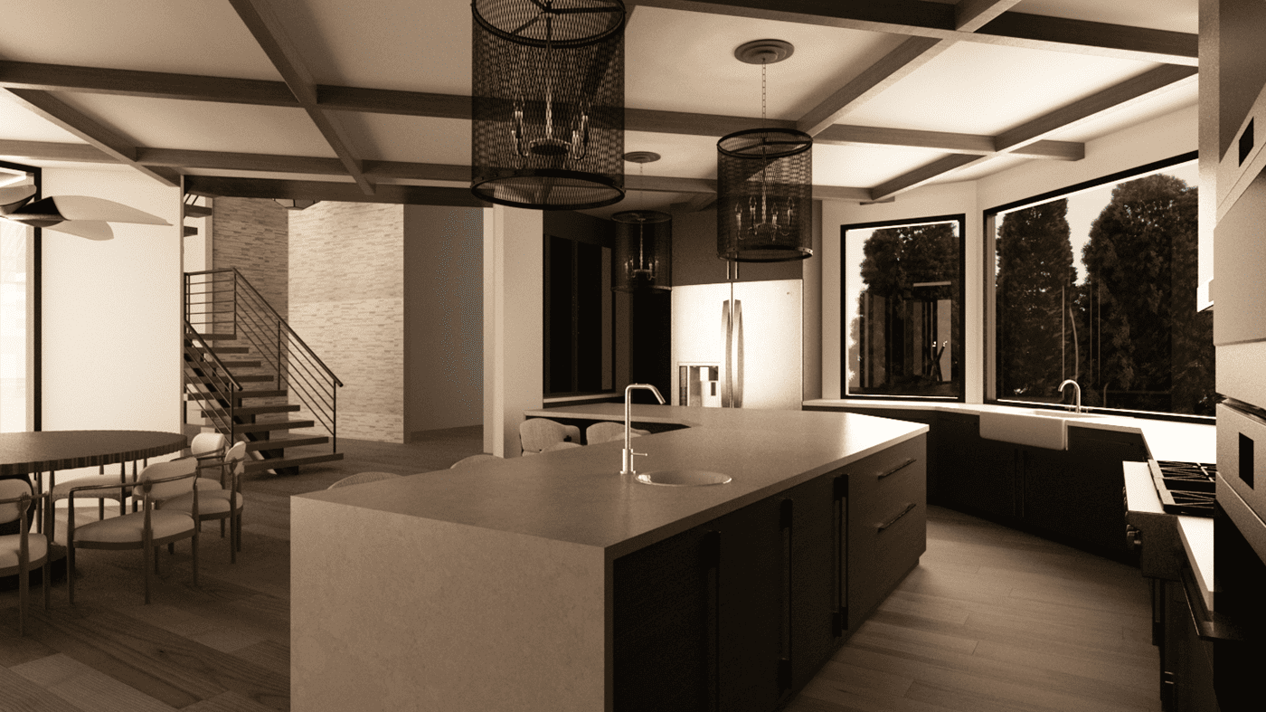 View of a modern kitchen with a central island and bar stools, connected to a living area with a metal staircase and stone wall.