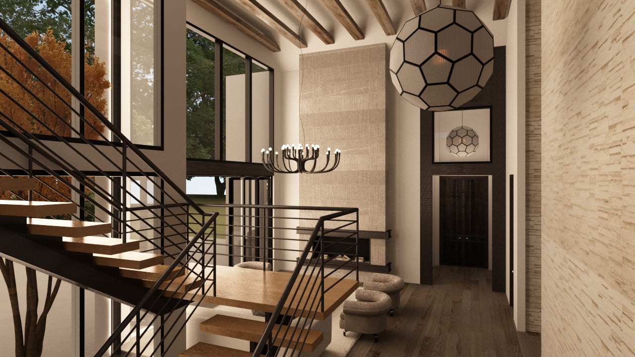 Close-up of a contemporary staircase design with metal railings and wooden steps, emphasizing the architectural details and modern aesthetic.