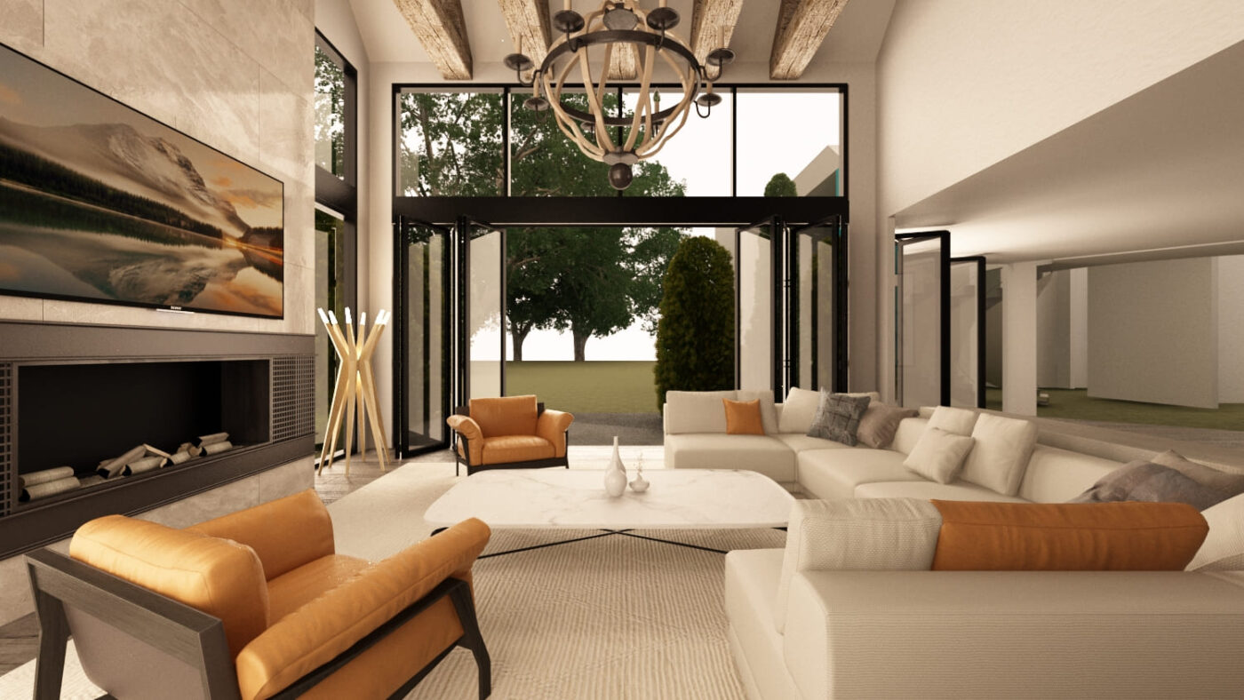 Interior of a living room featuring sofas, chairs, a coffee table, a fireplace, and wall art.