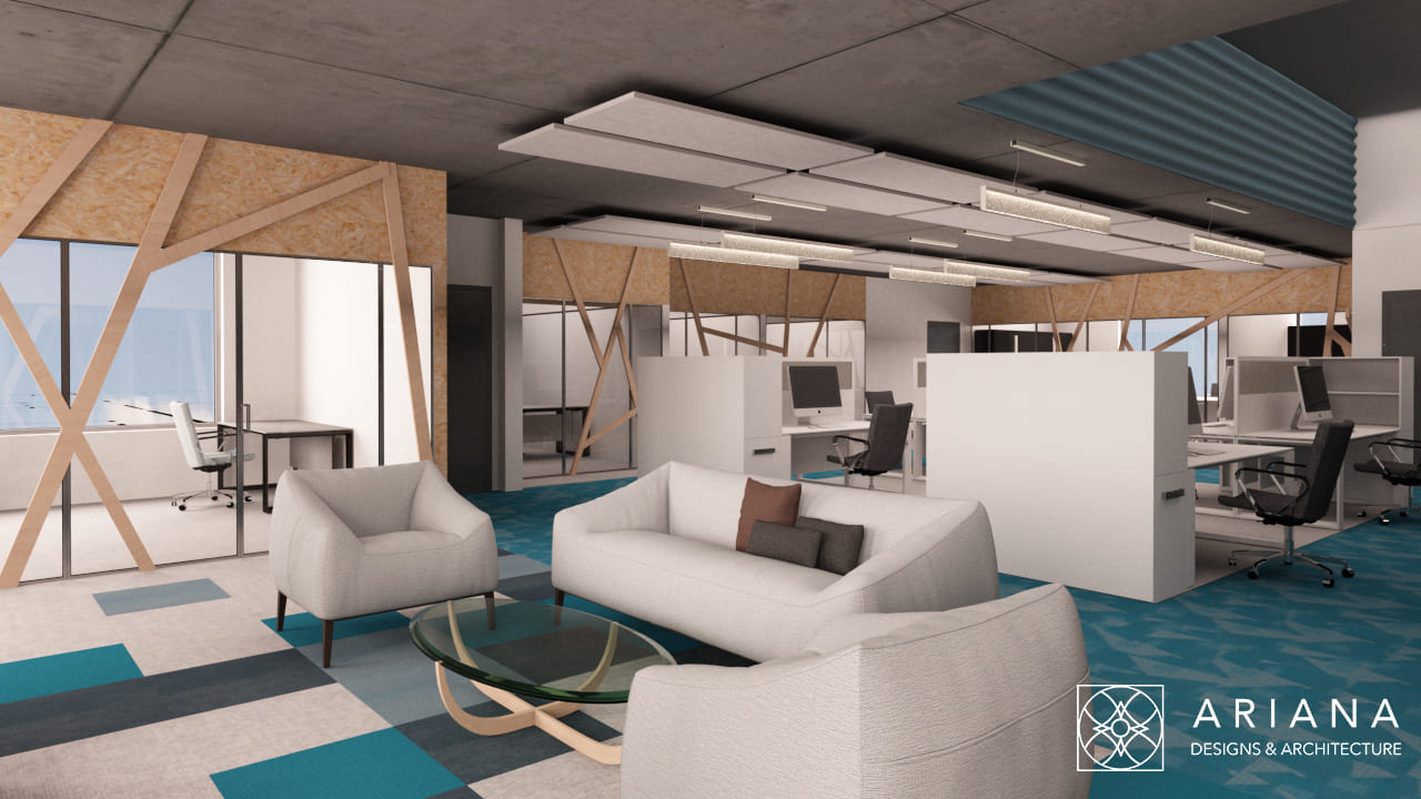 Modern lounge with armchairs, black frames, textured wall, geometric ceiling lights, striped carpet, stylish interior in Seattle office.