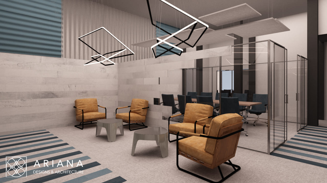 Modern lounge with mustard armchairs, geometric ceiling lights, textured wall, and striped carpet in Seattle Construction Office.