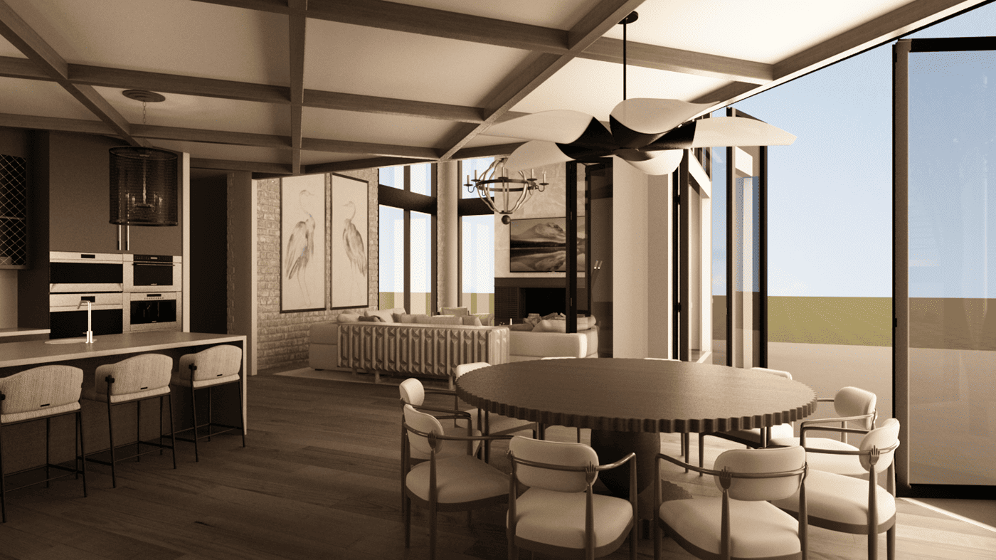 Living room area with orange armchairs, couches, a fireplace and view of the backyard.