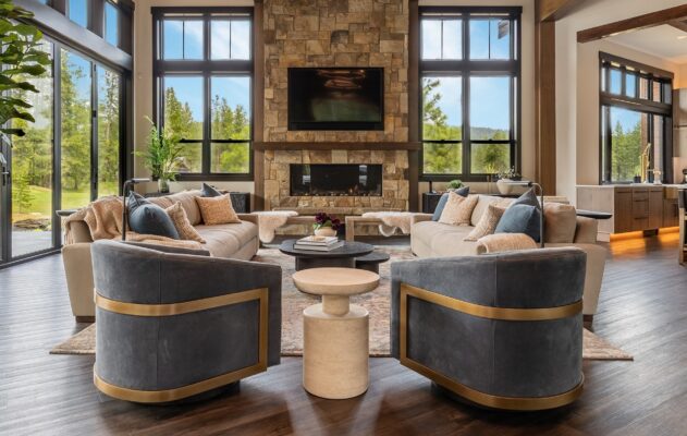 Luxury Suncadia Family Room Design – Stone Fireplace with Modern TV Wall