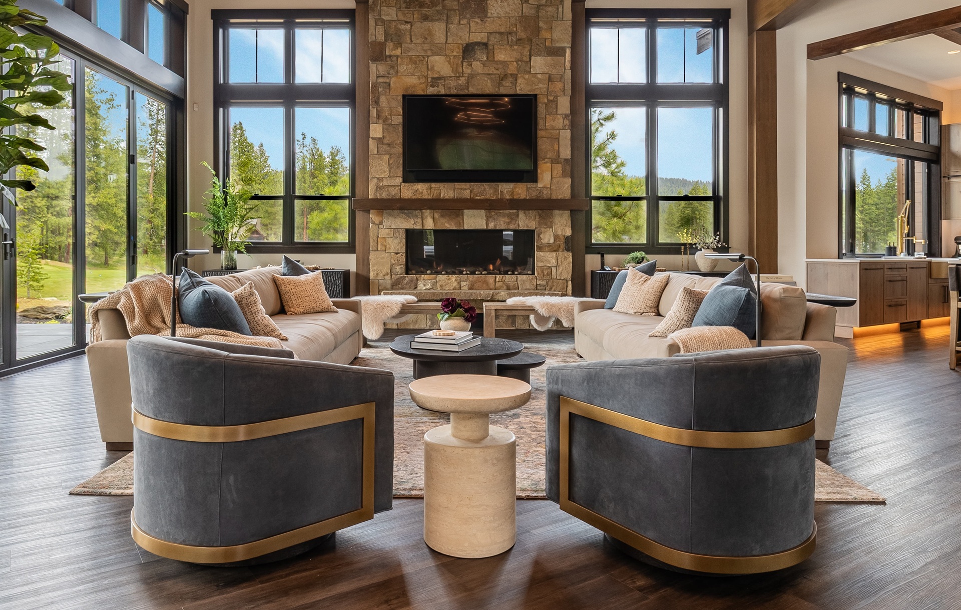 Luxury Suncadia Family Room Design – Stone Fireplace with Modern TV Wall