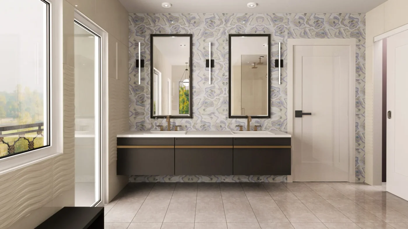 Sophisticated Medina interior design bathroom featuring patterned wallpaper, black double vanity with gold details, decorative mirrors, and natural light from large windows.