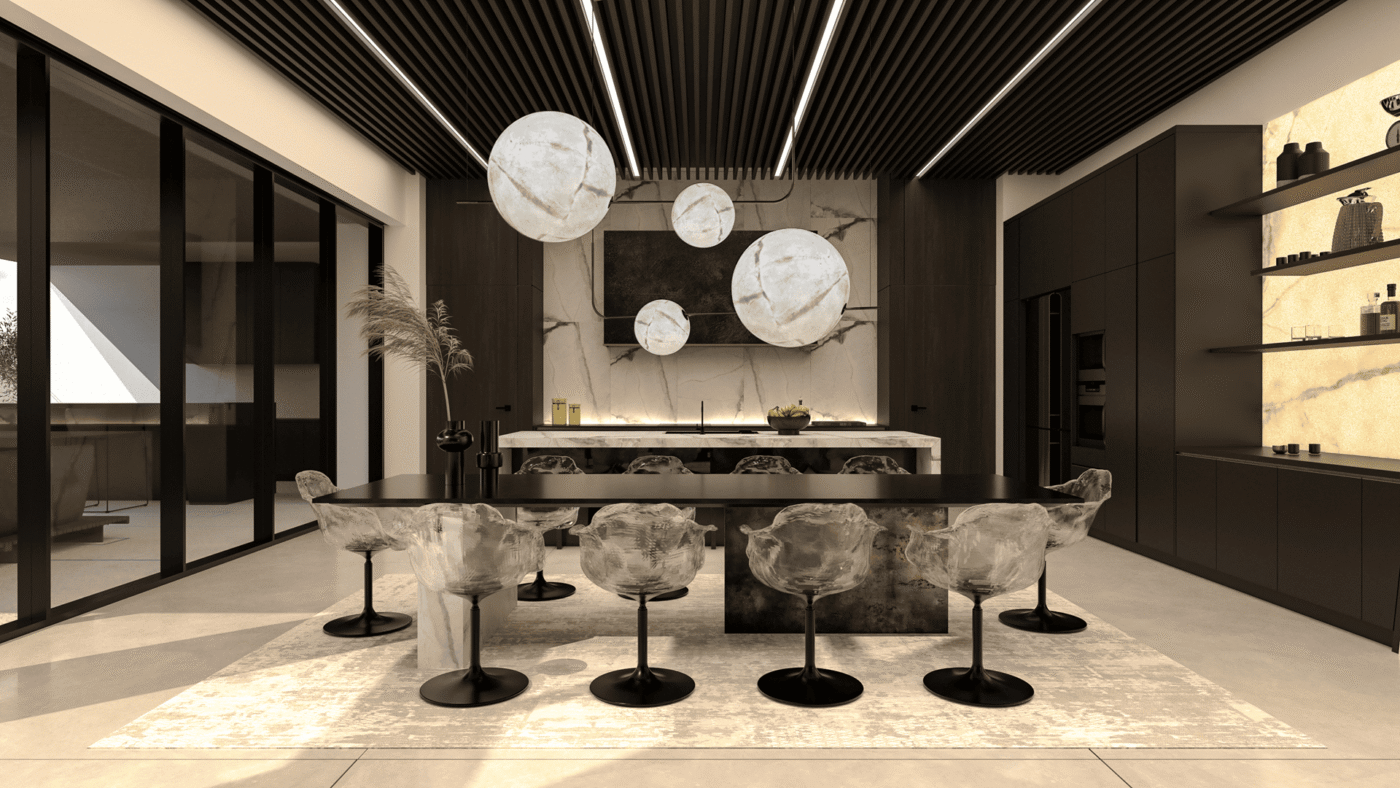 Modern dining space featuring a long black table, translucent swivel chairs, and oversized globe pendant lights in front of a stone and wood kitchen backdrop.