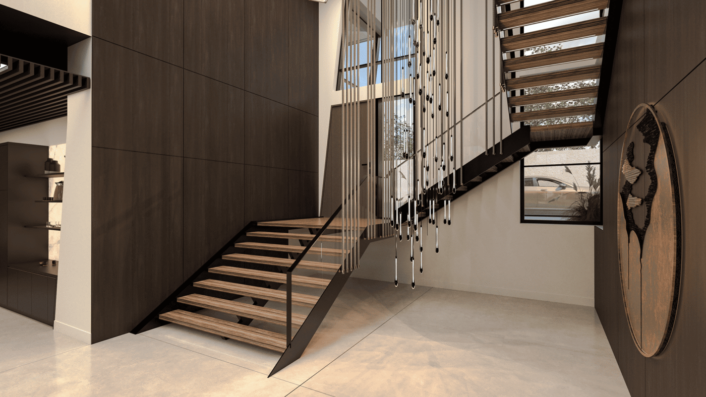 Detail of a modern wood and steel open-riser staircase accented by hanging glass droplet pendants and warm wood wall cladding.