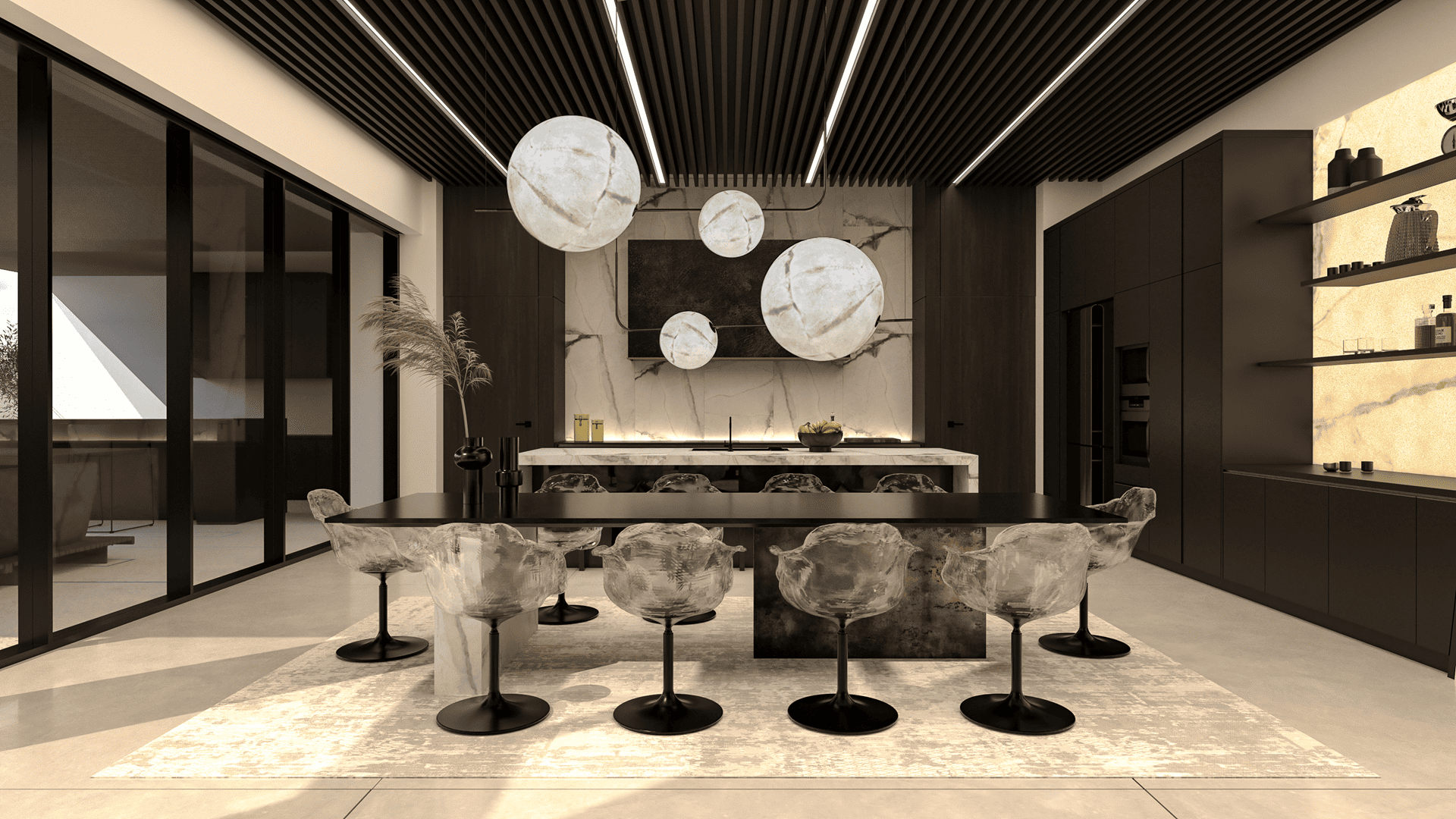 Modern dining space featuring a long black table, translucent swivel chairs, and oversized globe pendant lights in front of a stone and wood kitchen backdrop.