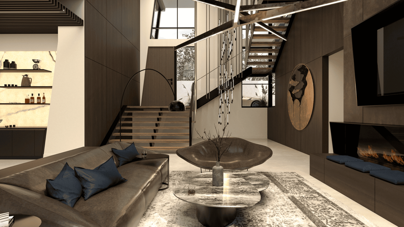 Modern waterfront lounge featuring a linear fireplace wall, sculptural ceiling lights, custom sofa, and a circular bronze art piece beside an open-riser staircase.