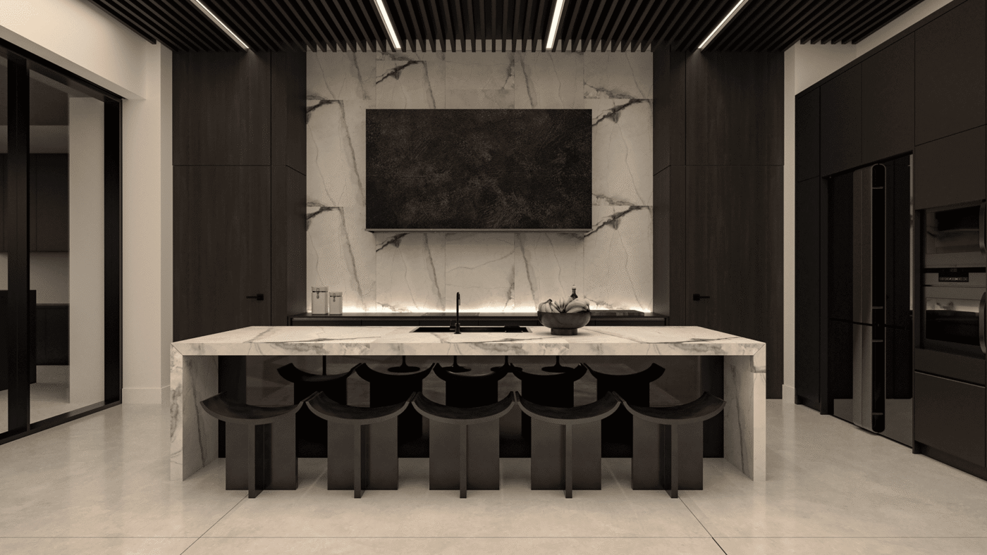 Minimalist kitchen with a long stone waterfall island, sculptural stools, full-height veined stone backsplash, and dark wood cabinetry.
