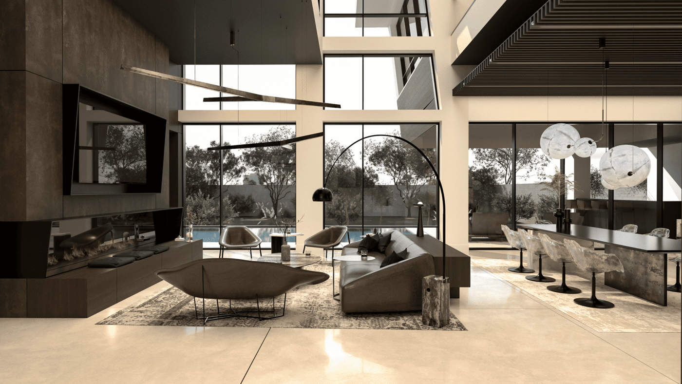 Open-plan great room with a contemporary fireplace lounge on one side and a stone kitchen island and dining area on the other, framed by expansive glazing.