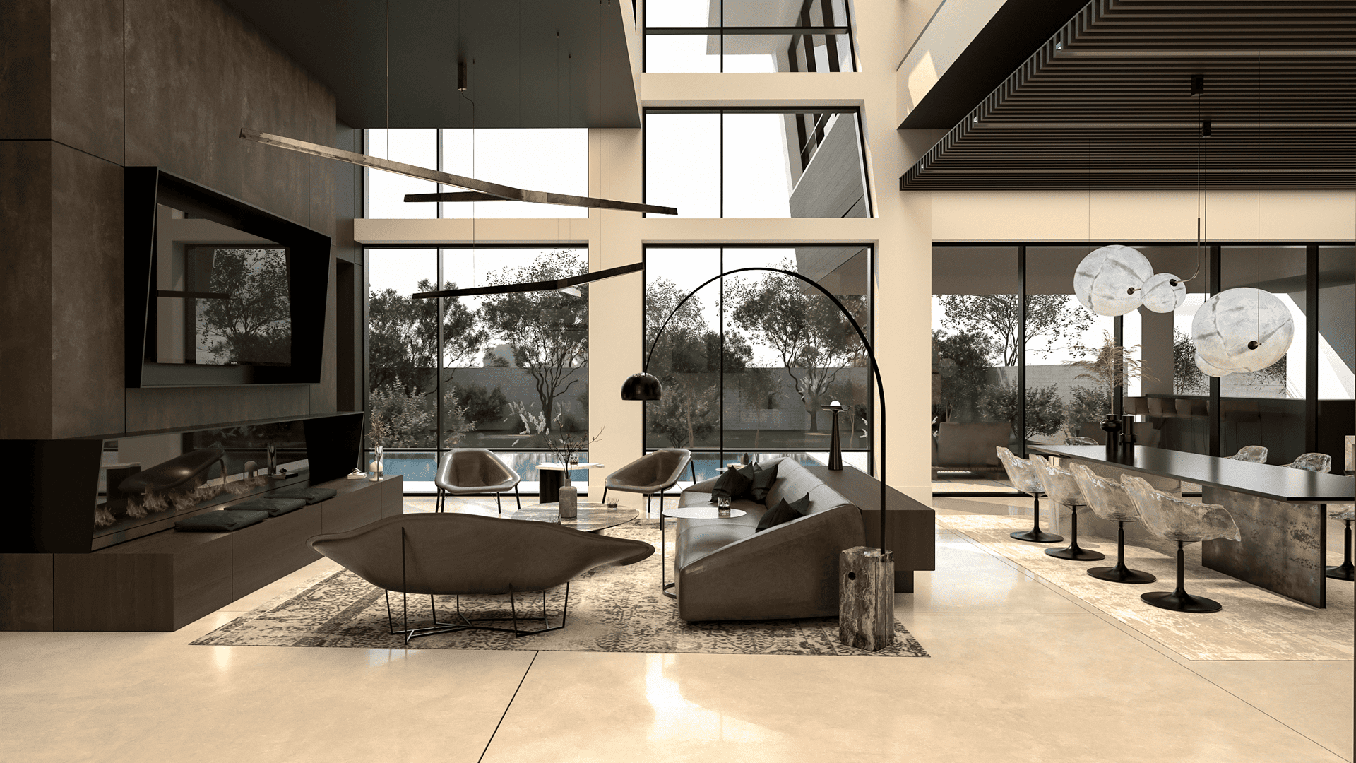 Open-plan great room with a contemporary fireplace lounge on one side and a stone kitchen island and dining area on the other, framed by expansive glazing.