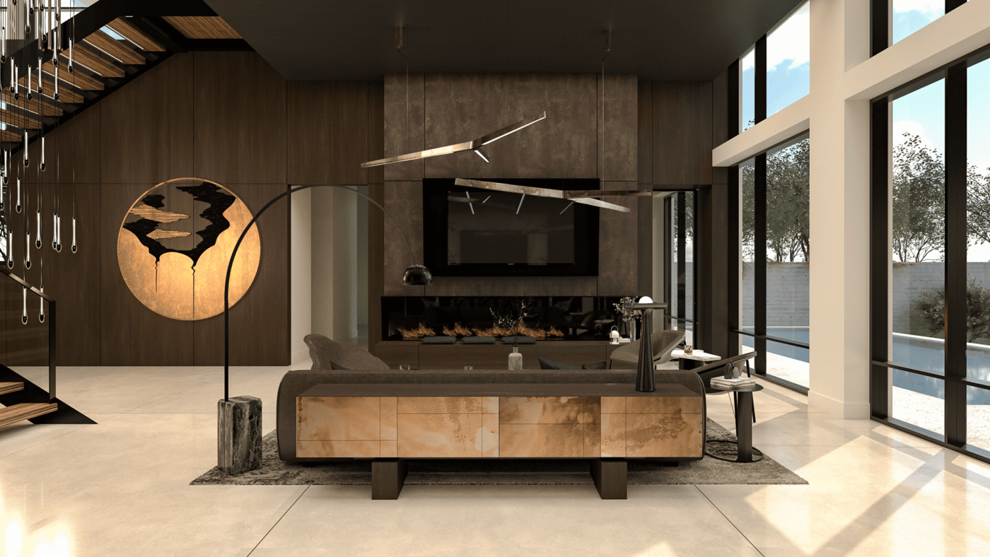 Great Room Seating Facing Sculptural Staircase